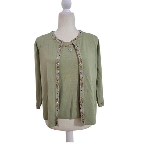 Joseph A Tops - Joseph A. Women's 2 Pc Set Knit Top 3/4 Cardigan Sage Green Rhinestone Sz XL